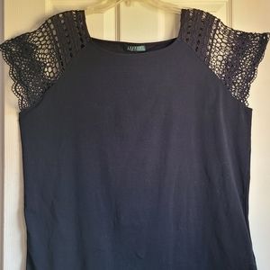 Lauren Ralph Lauren Women's Jet Black Crocheted Sleeves Top Size 2XL